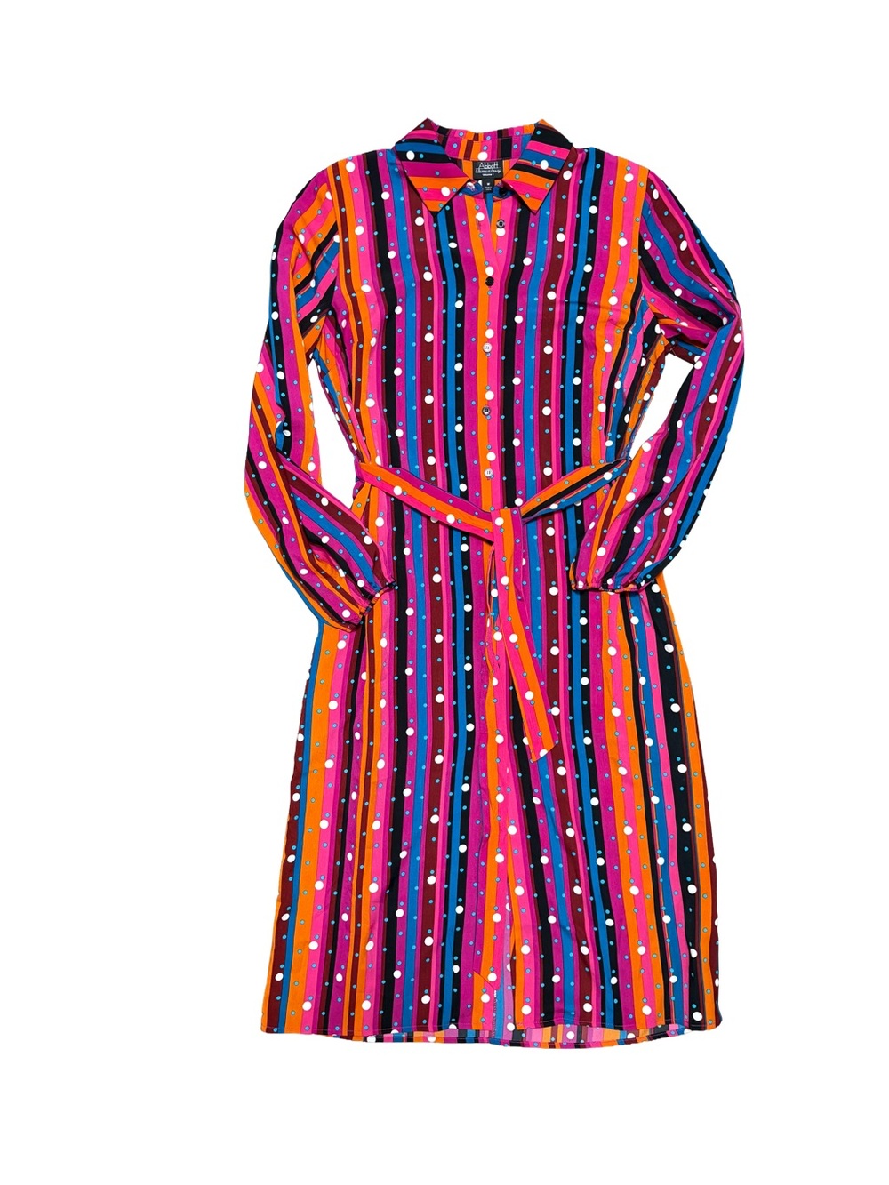 Bold Multi-Striped Polka Dot Midi Shirt Dress with Waist Tie